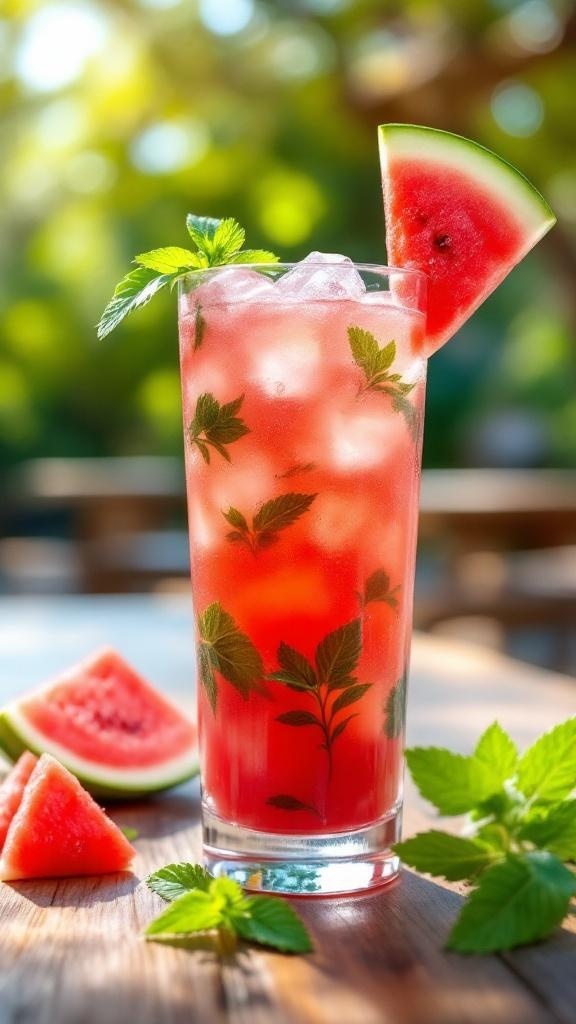A refreshing watermelon mint cooler in a tall glass with mint leaves and watermelon slices.