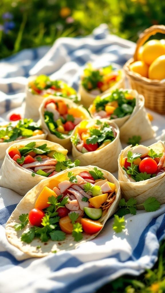 Colorful wraps filled with fresh vegetables and turkey, perfect for a picnic.