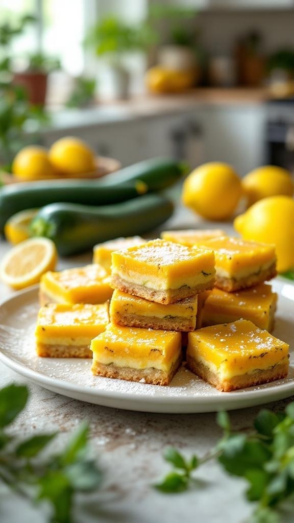 A plate of refreshing zucchini and lemon bars with a sprinkle of powdered sugar, surrounded by fresh lemons and zucchinis.