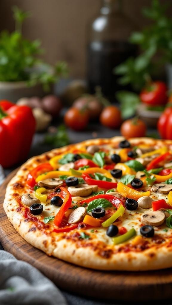 A colorful vegetarian pizza topped with bell peppers, mushrooms, black olives, and fresh basil.