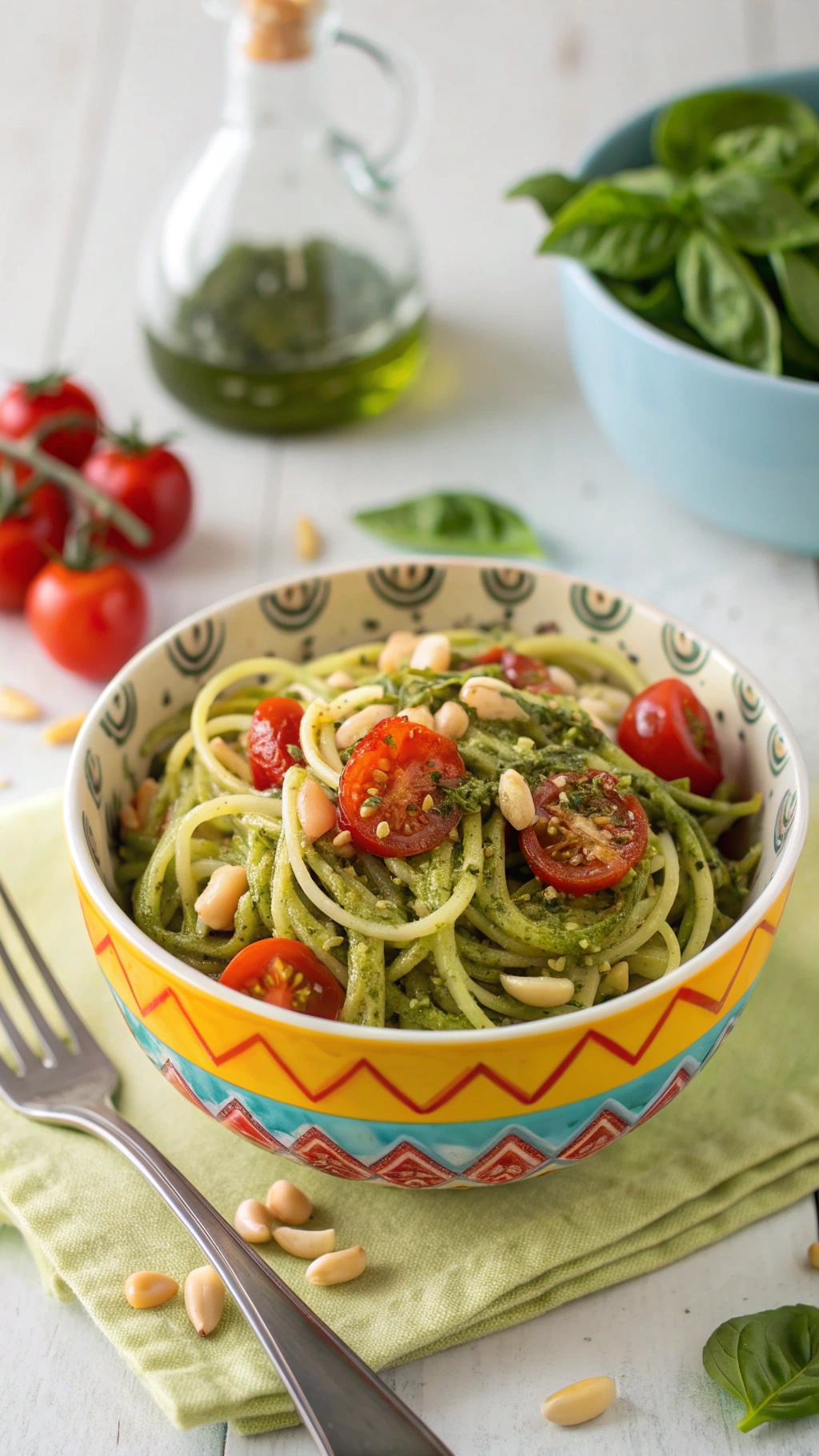 A colorful bowl of zoodles topped with pesto, cherry tomatoes, and pine nuts.