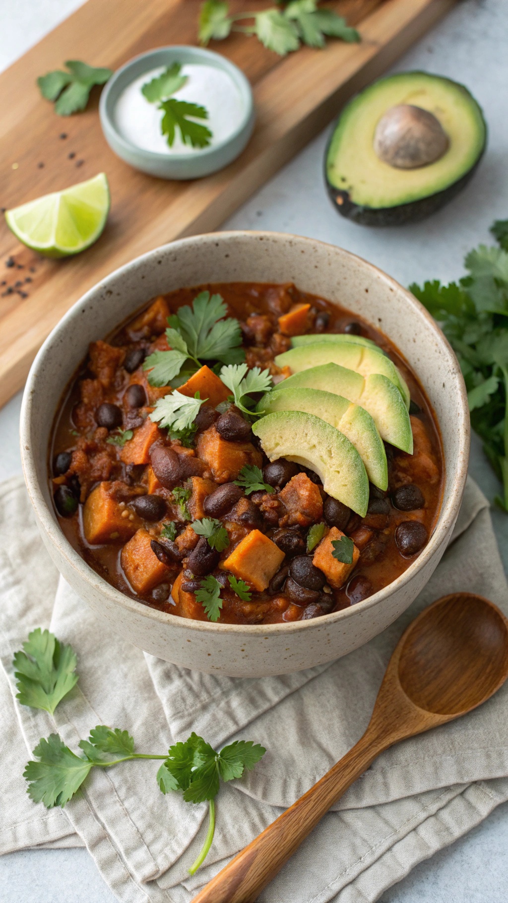 A bowl of sweet potato and black bean chili topped with avocado slices and cilantro, with a wooden spoon beside it.