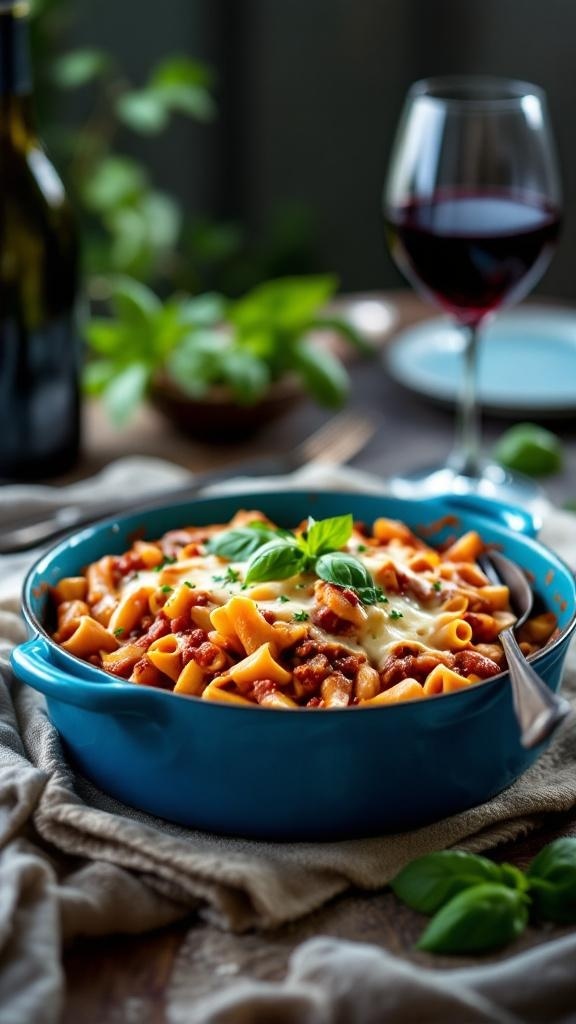 A delicious serving of baked ziti with cheese and fresh basil, accompanied by a glass of red wine.