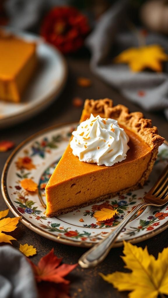 A slice of vegan pumpkin pie with whipped cream on a floral plate, surrounded by autumn leaves.