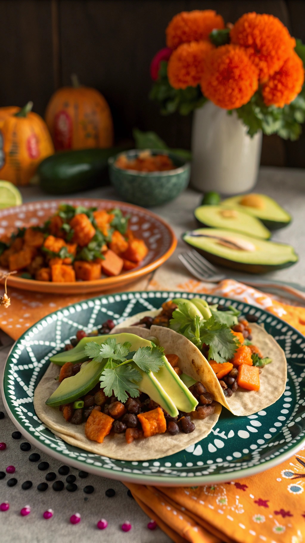 Spicy sweet potato and black bean tacos with avocado and cilantro on a decorative plate