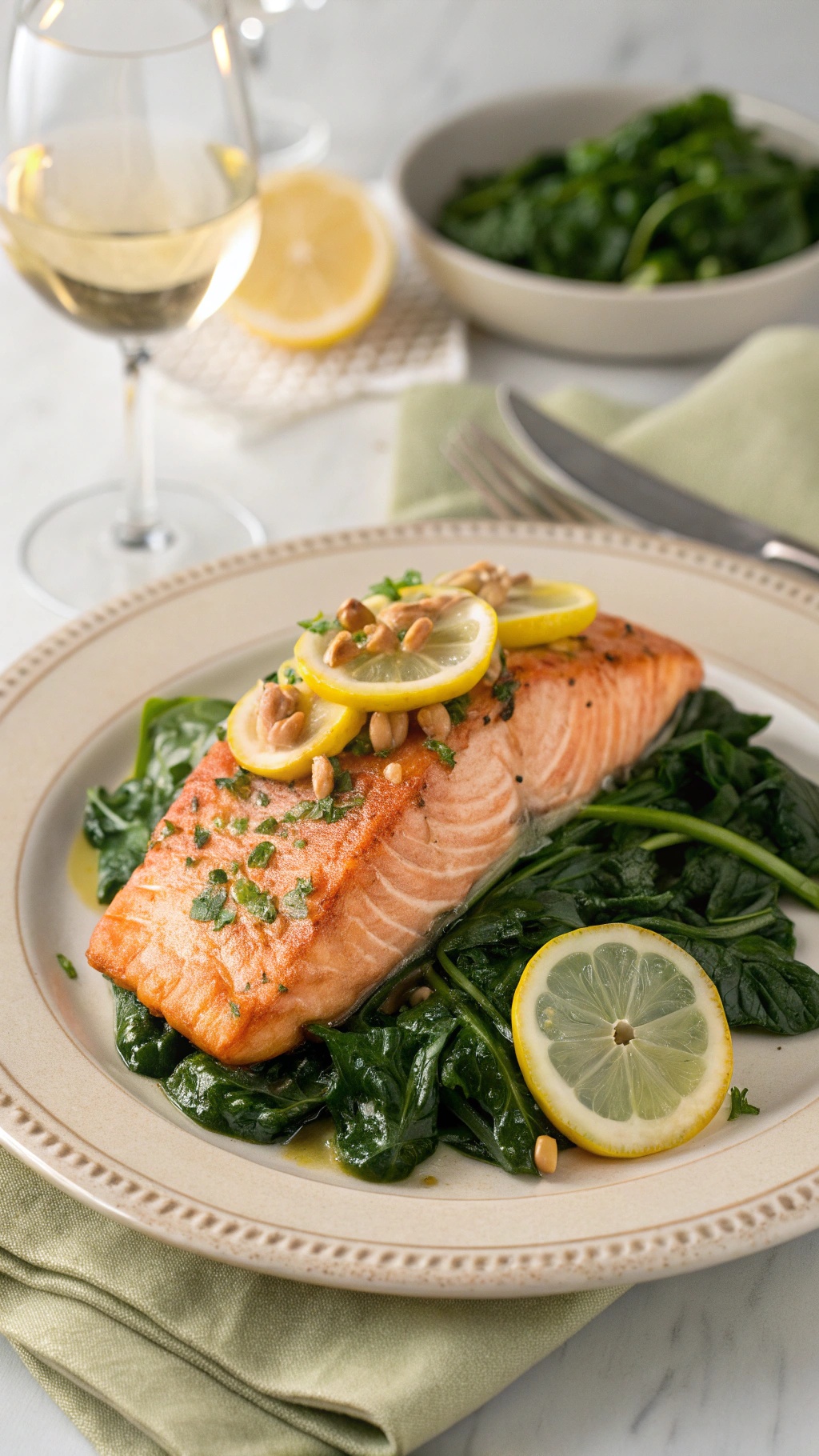 A plate of zesty lemon garlic salmon served on a bed of spinach, garnished with lemon slices and pine nuts.