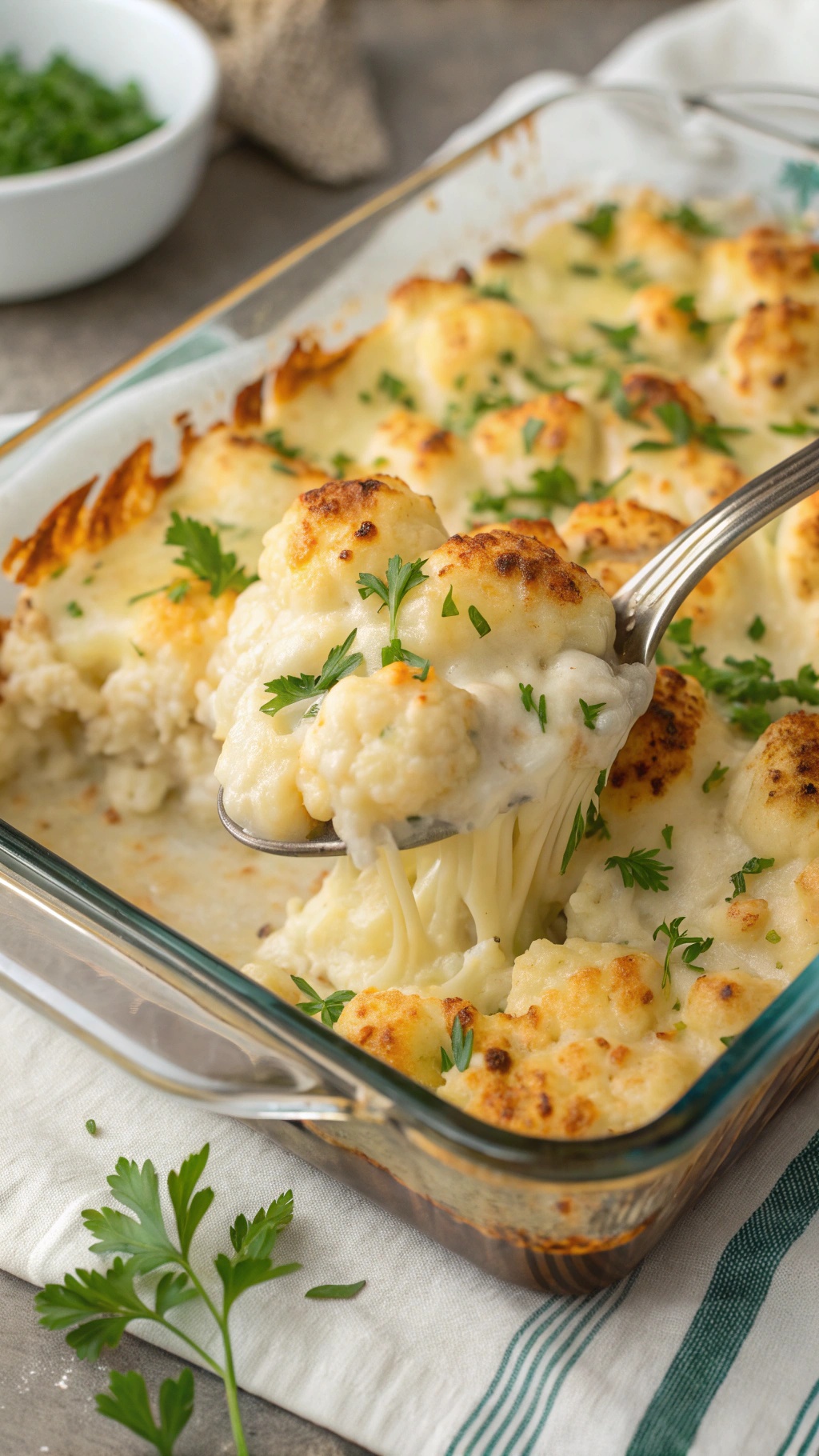 Cheesy cauliflower casserole with parsley garnish in a baking dish