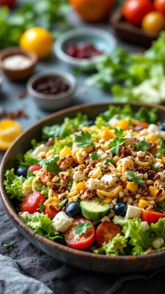 A vibrant salad with fresh vegetables, grains, and herbs.