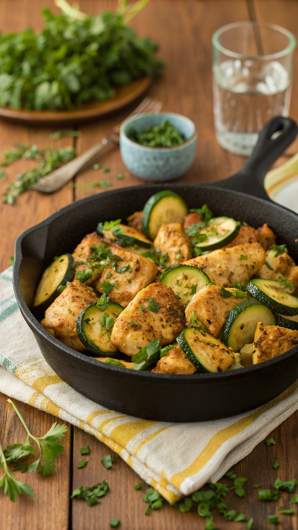 A delicious chicken zucchini skillet with fresh herbs on a wooden table.