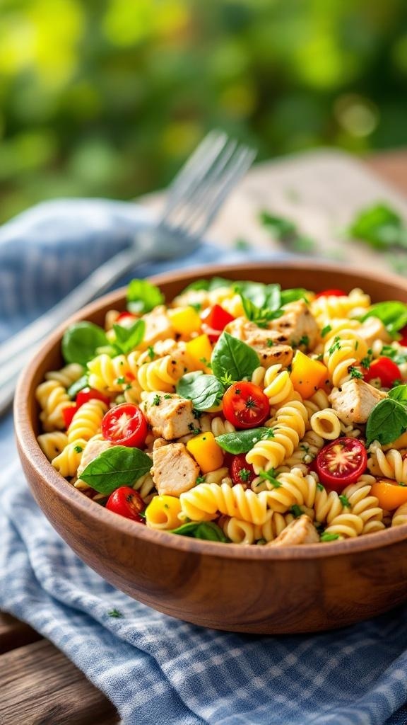 A colorful Chicken and Quinoa Pasta Salad in a wooden bowl, featuring rotini pasta, diced chicken, cherry tomatoes, and fresh basil.