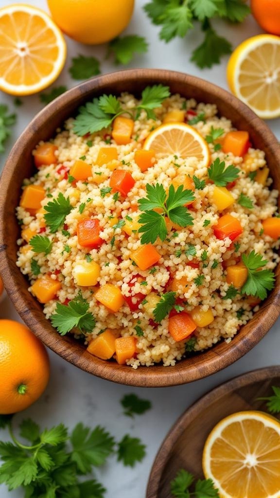 A colorful bowl of citrus-infused quinoa salad with bell peppers and garnished with parsley, surrounded by oranges and lemon slices.