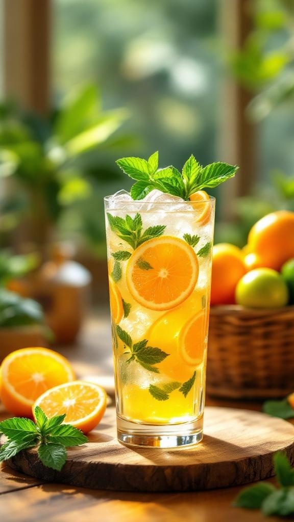 A refreshing citrus drink with orange slices and mint leaves, served in a tall glass.