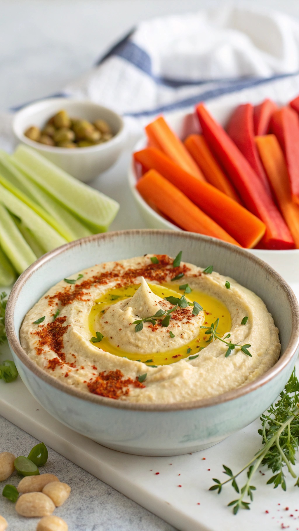 A bowl of creamy cauliflower hummus garnished with olive oil and herbs, surrounded by colorful vegetable sticks.