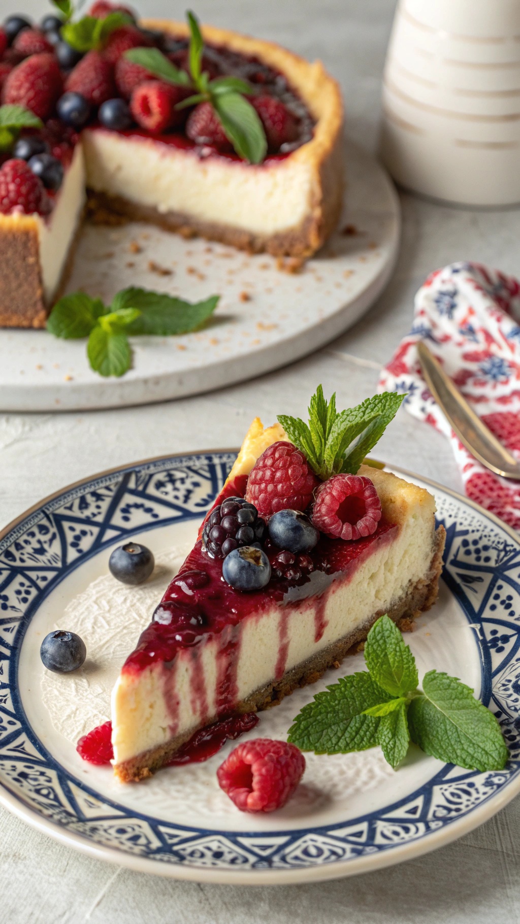 A slice of rich and creamy cheesecake topped with fresh berries and mint leaves on a decorative plate.