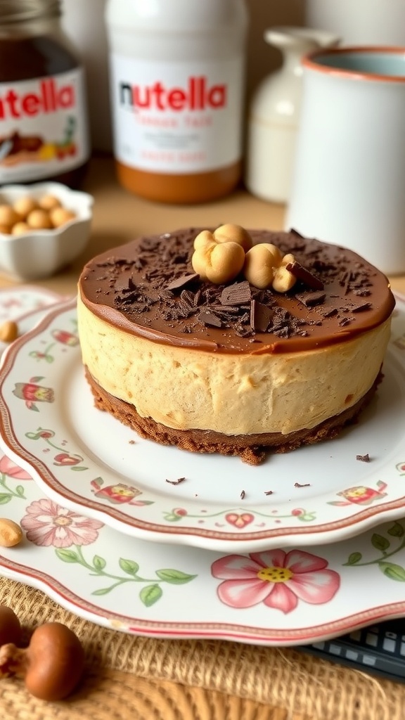 A rich and creamy no-bake Nutella cheesecake on a floral plate, garnished with chocolate shavings and hazelnuts.