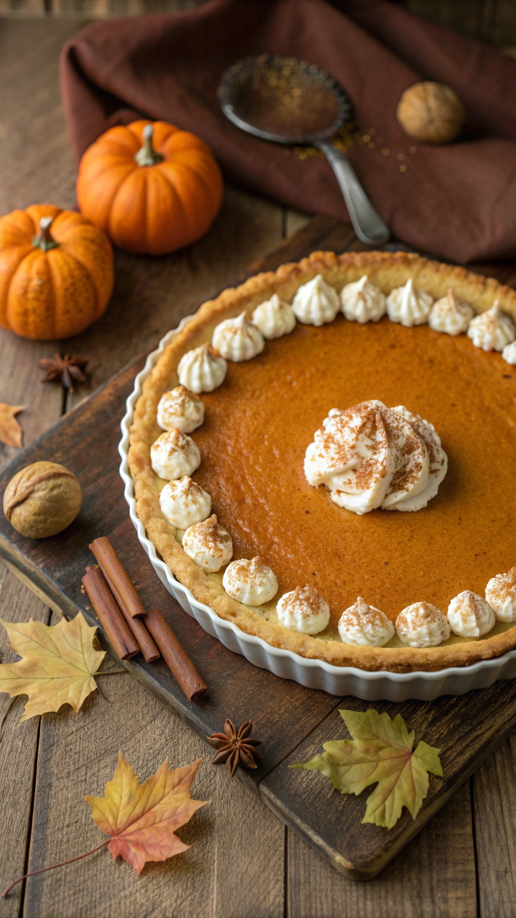 A rich and creamy pumpkin pie with whipped cream and cinnamon on top, surrounded by pumpkins and autumn leaves.