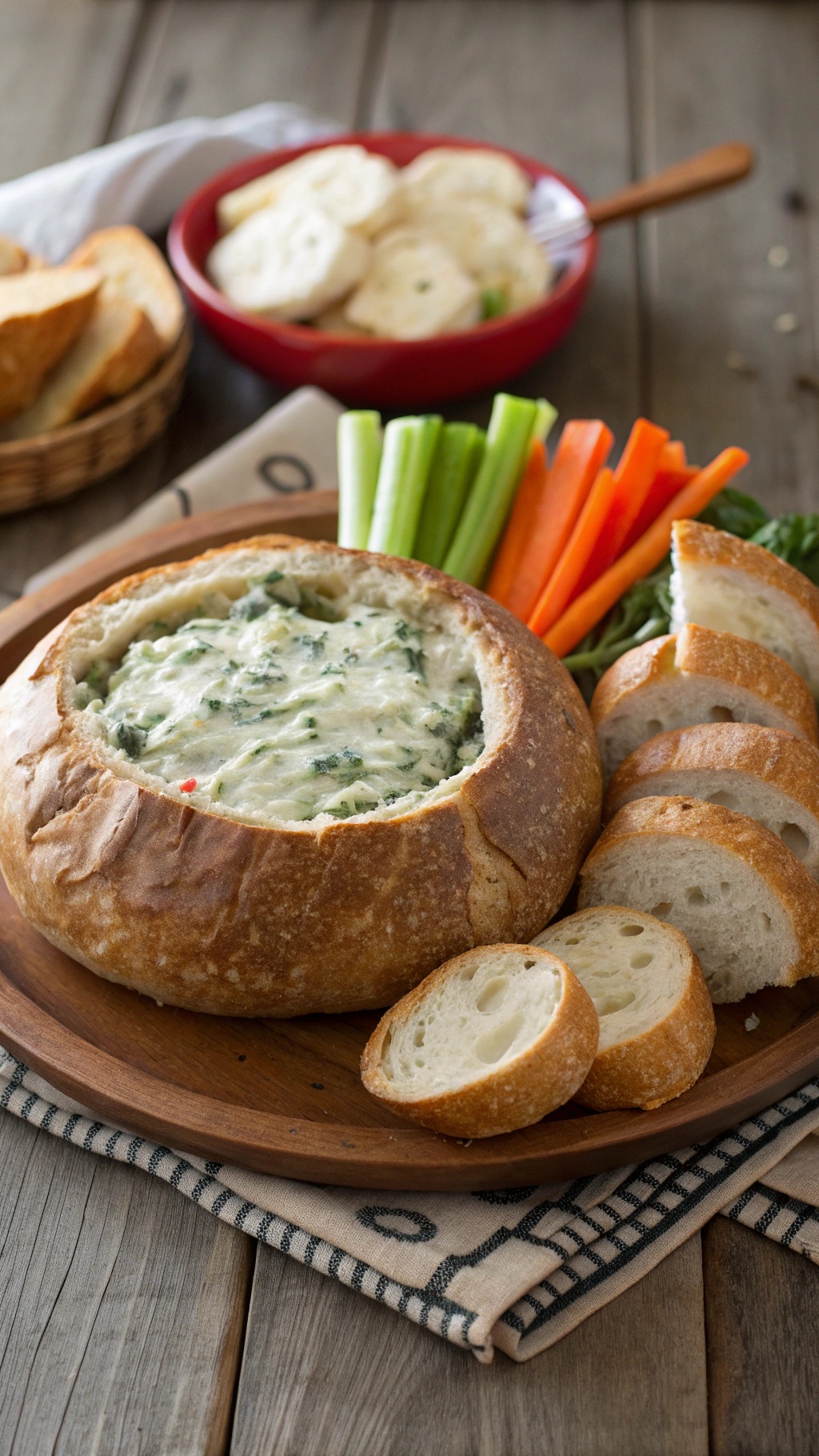 A bread bowl filled with creamy spinach dip, surrounded by sliced bread and fresh vegetables.
