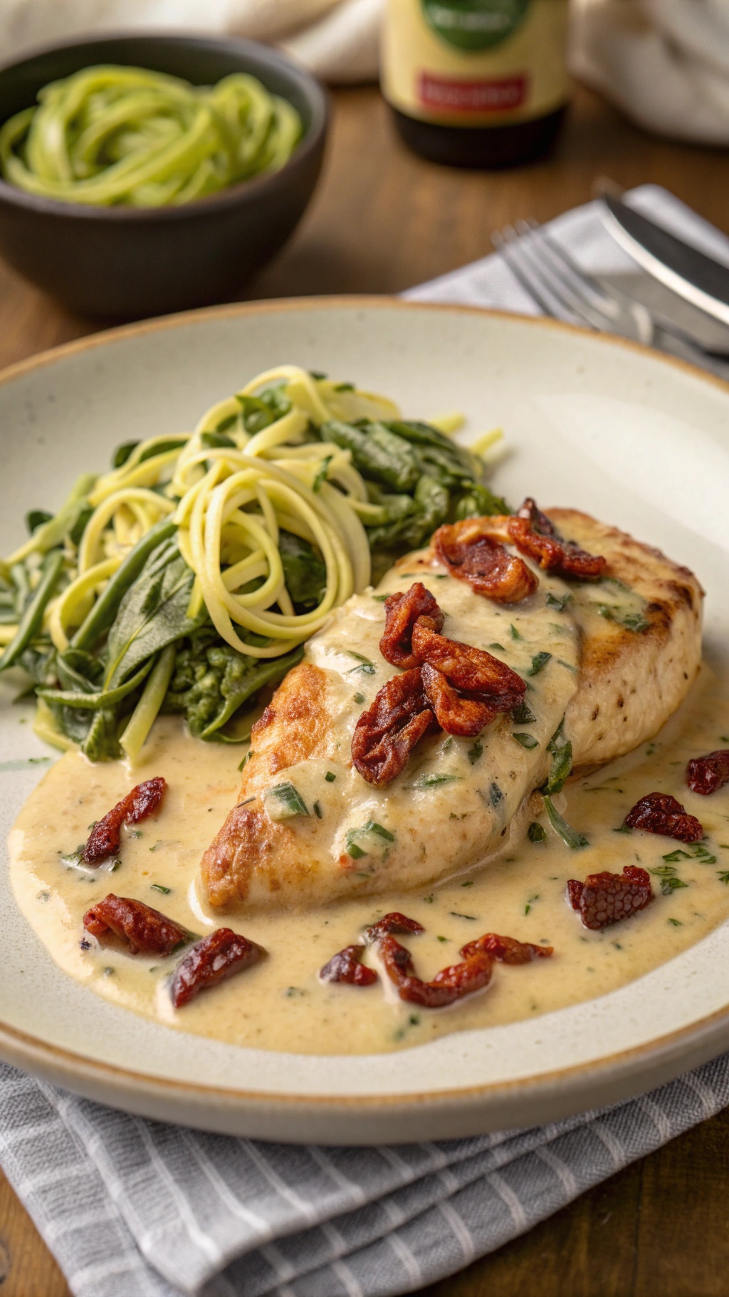 A plate of rich and creamy Tuscan chicken served with spinach and pasta.