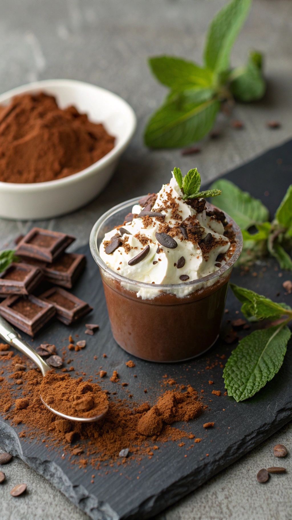 Vegan chocolate pudding in a cup topped with whipped cream, chocolate shavings, and mint leaves on a slate board.