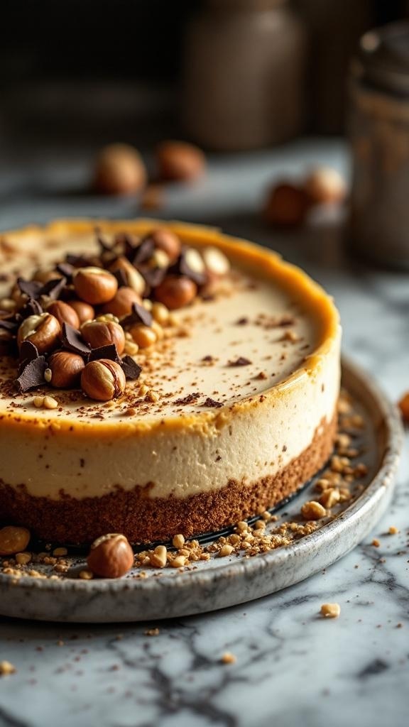 A rich hazelnut cheesecake topped with nuts and chocolate shavings on a marble surface.