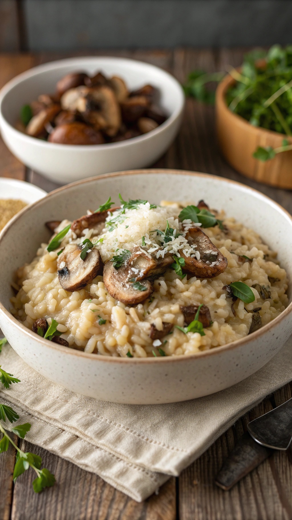 A bowl of creamy mushroom risotto topped with sautéed mushrooms and fresh herbs.