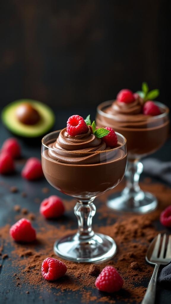 Rich chocolate avocado mousse in elegant cups, garnished with raspberries and mint.