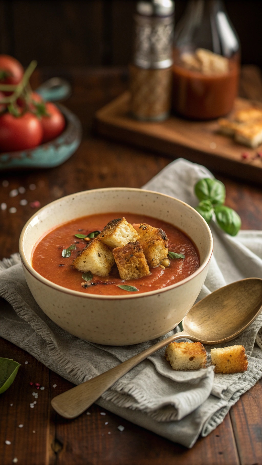 A bowl of rich tomato basil soup topped with grilled cheese croutons, surrounded by fresh tomatoes and a wooden spoon.