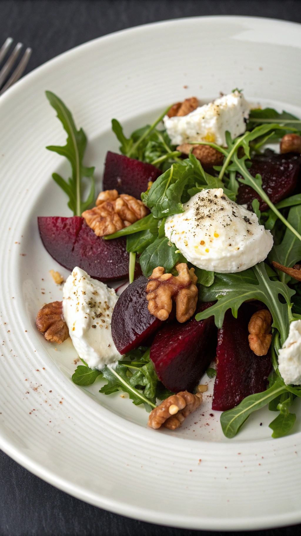 A colorful roasted beet and goat cheese salad with arugula and walnuts.