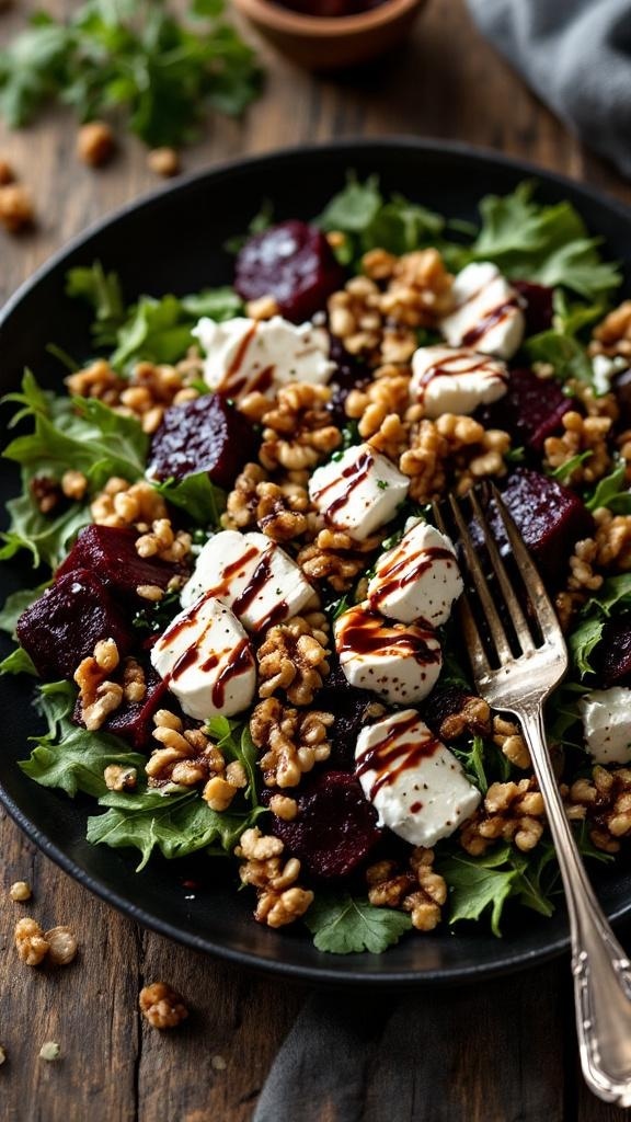 A vibrant roasted beet and goat cheese salad topped with walnuts on a dark plate.