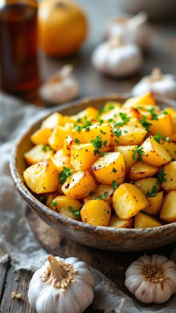 A bowl of roasted garlic and olive oil potato salad garnished with parsley, surrounded by garlic cloves.