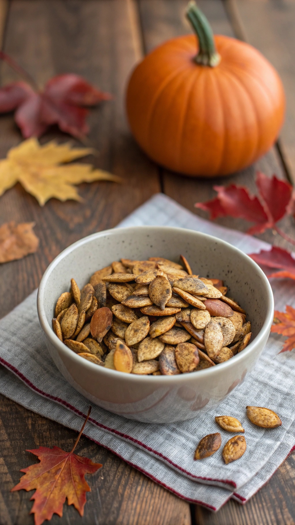 A bowl of roasted pumpkin seeds with a pumpkin and autumn leaves in the background.