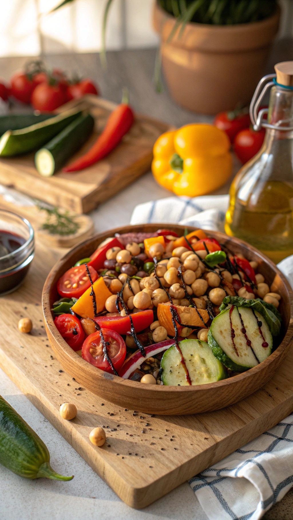 A colorful roasted vegetable and chickpea salad in a wooden bowl, surrounded by fresh vegetables and olive oil.