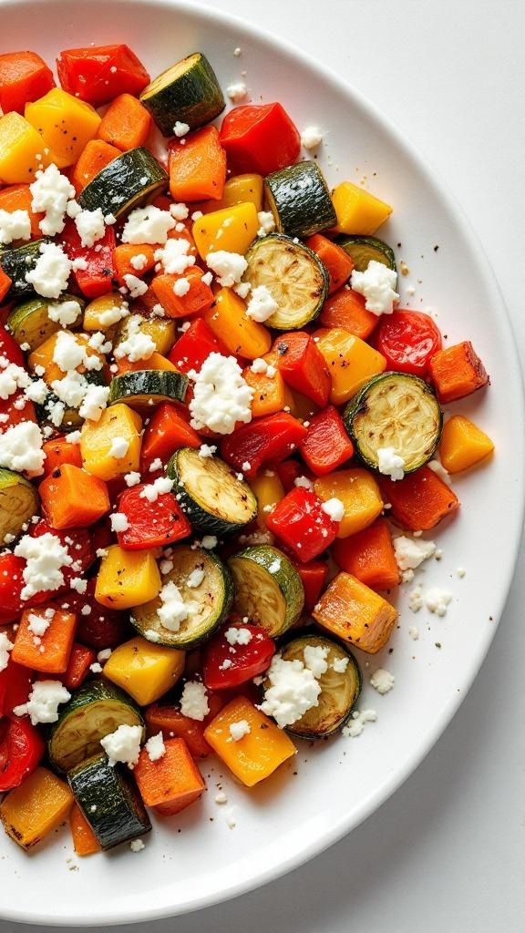 A colorful roasted vegetable medley with feta cheese on a white plate.