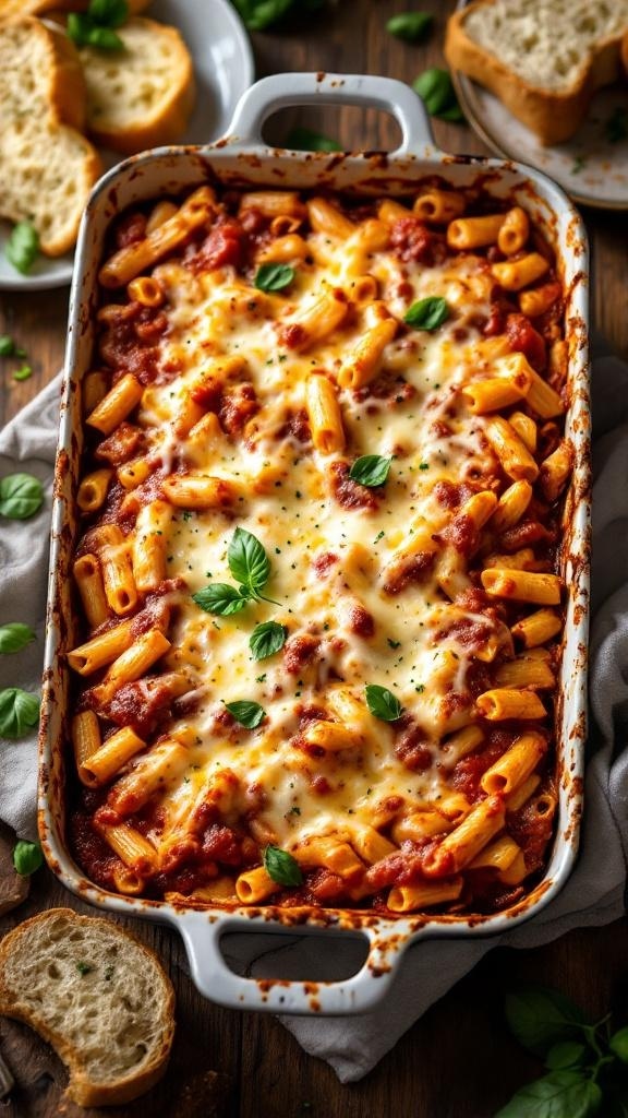 A delicious dish of cheesy baked ziti topped with fresh basil, served with slices of bread.
