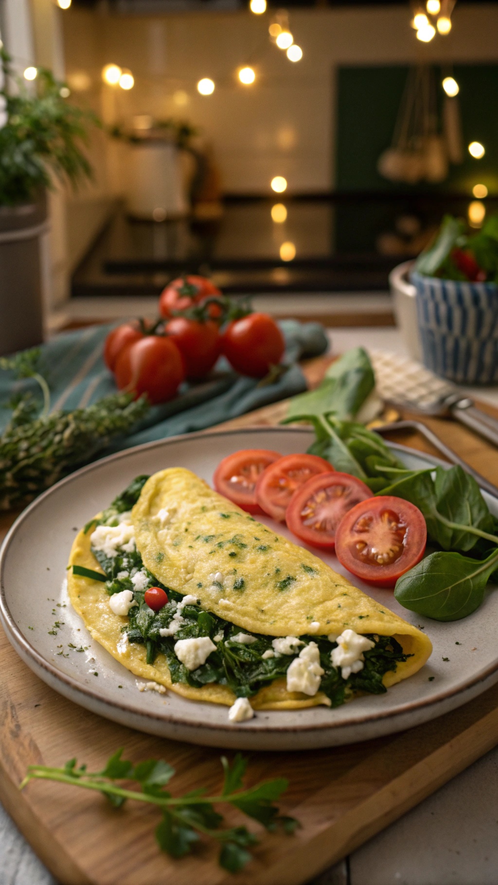 A spinach and feta omelette served with tomato slices on a plate.