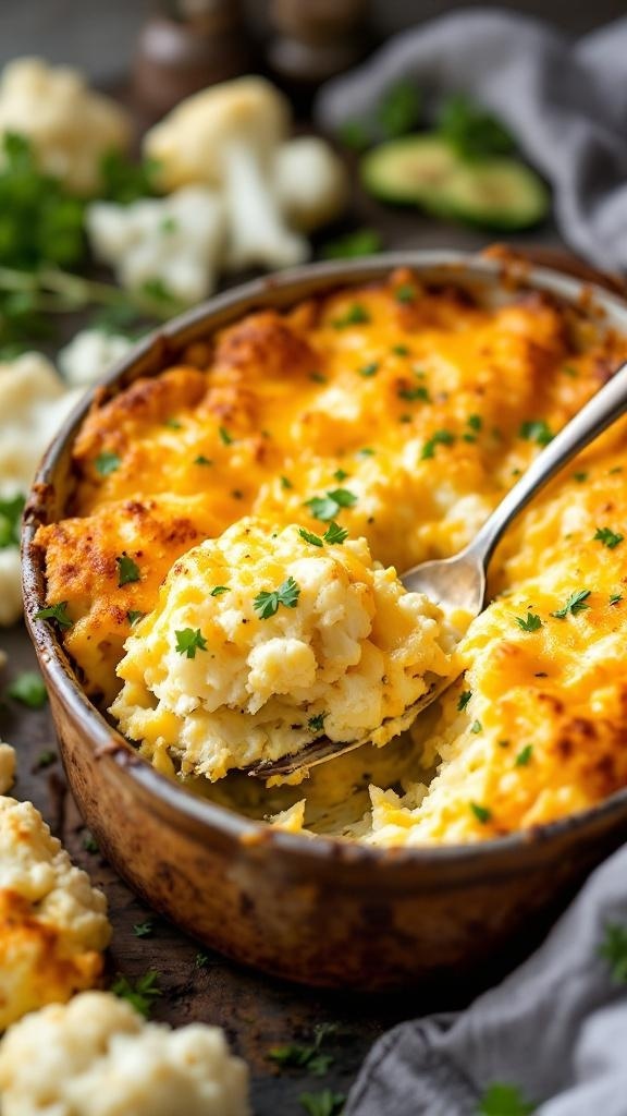 Cheesy Cauliflower Casserole in a baking dish with a spoon serving it