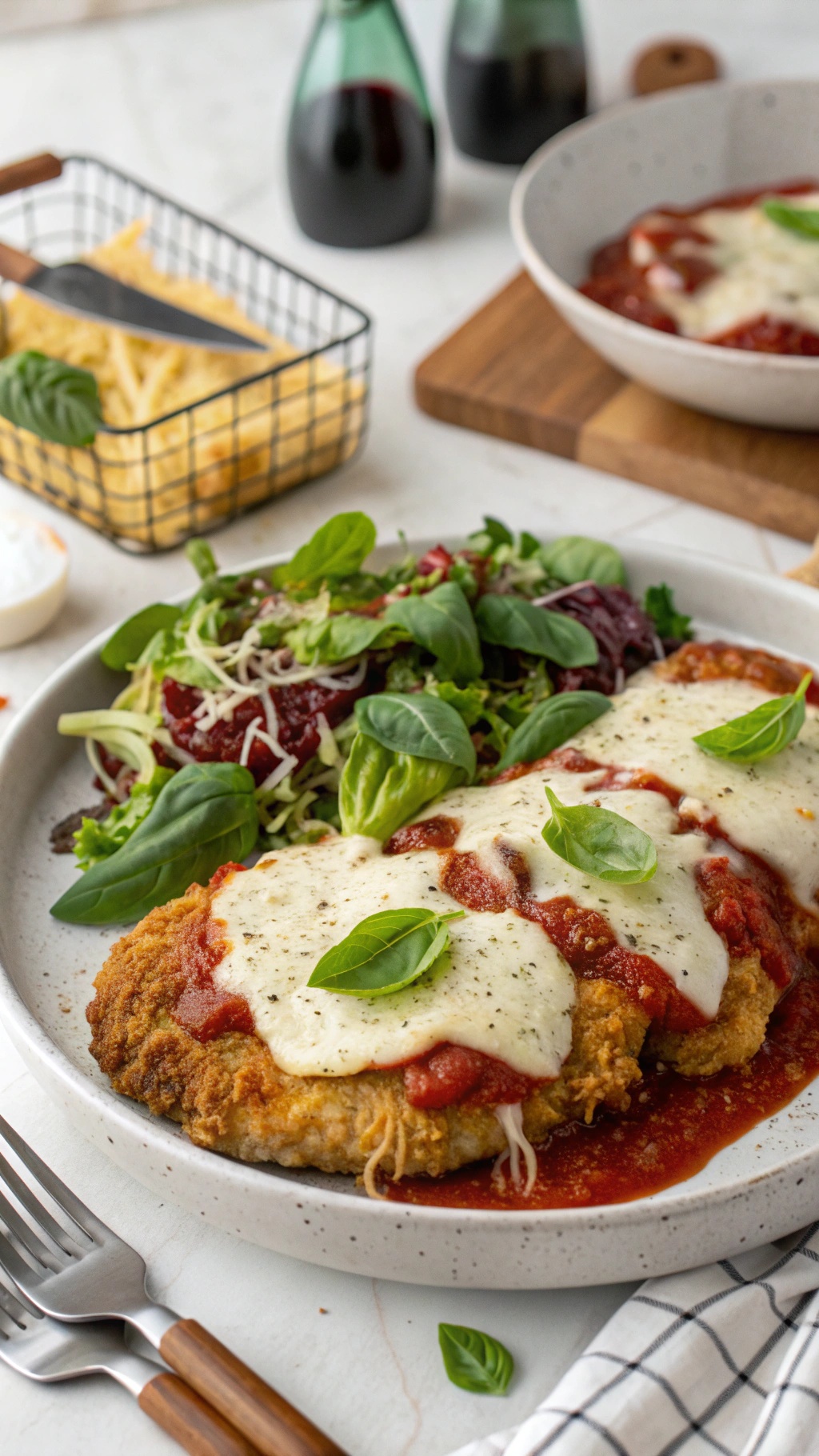 A plate of Chicken Parmesan with salad and garnished with basil leaves.