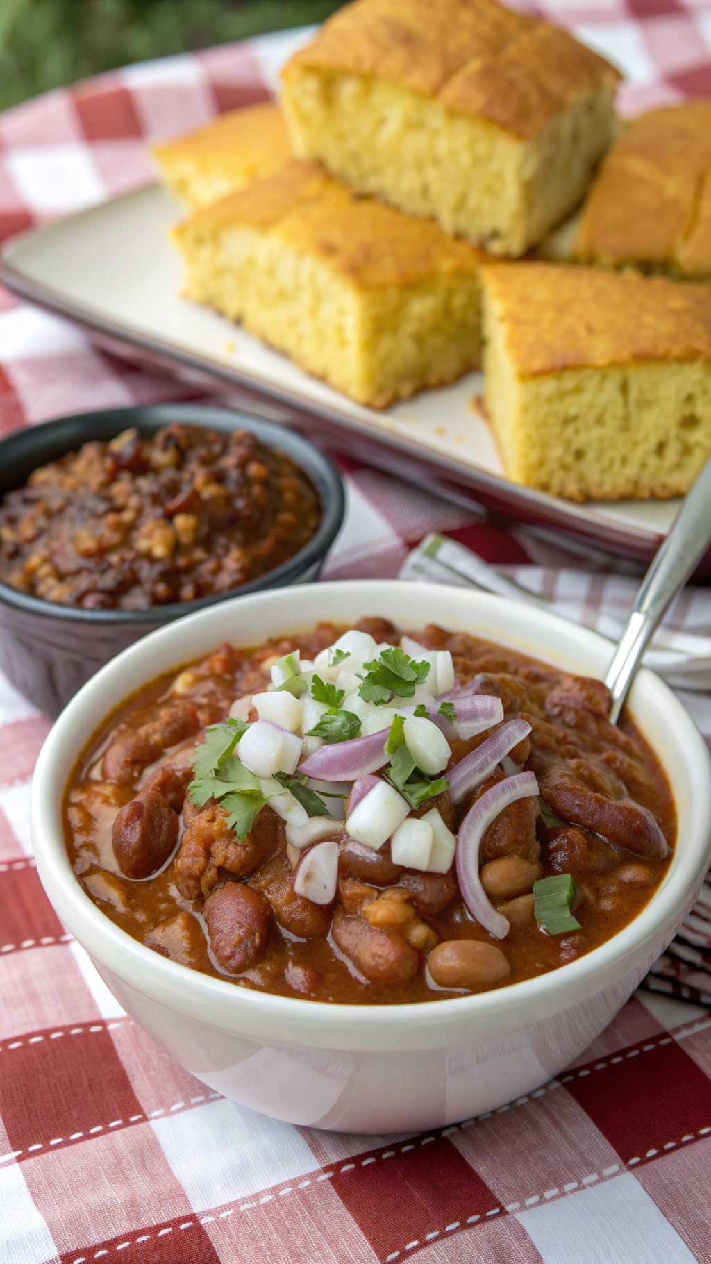 A bowl of BBQ grilled beans topped with onions and cilantro, served with cornbread on a picnic table.