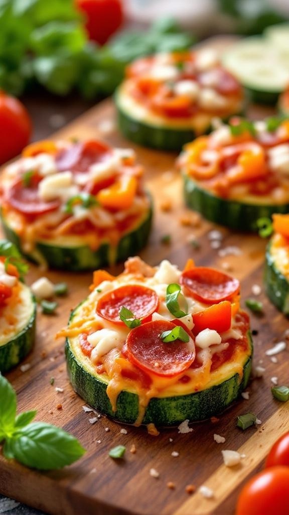 Zucchini pizza bites topped with cheese, pepperoni, and herbs on a wooden cutting board.