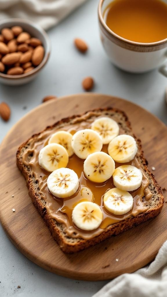 A slice of whole grain toast topped with almond butter and banana slices, served with almonds and a cup of tea.