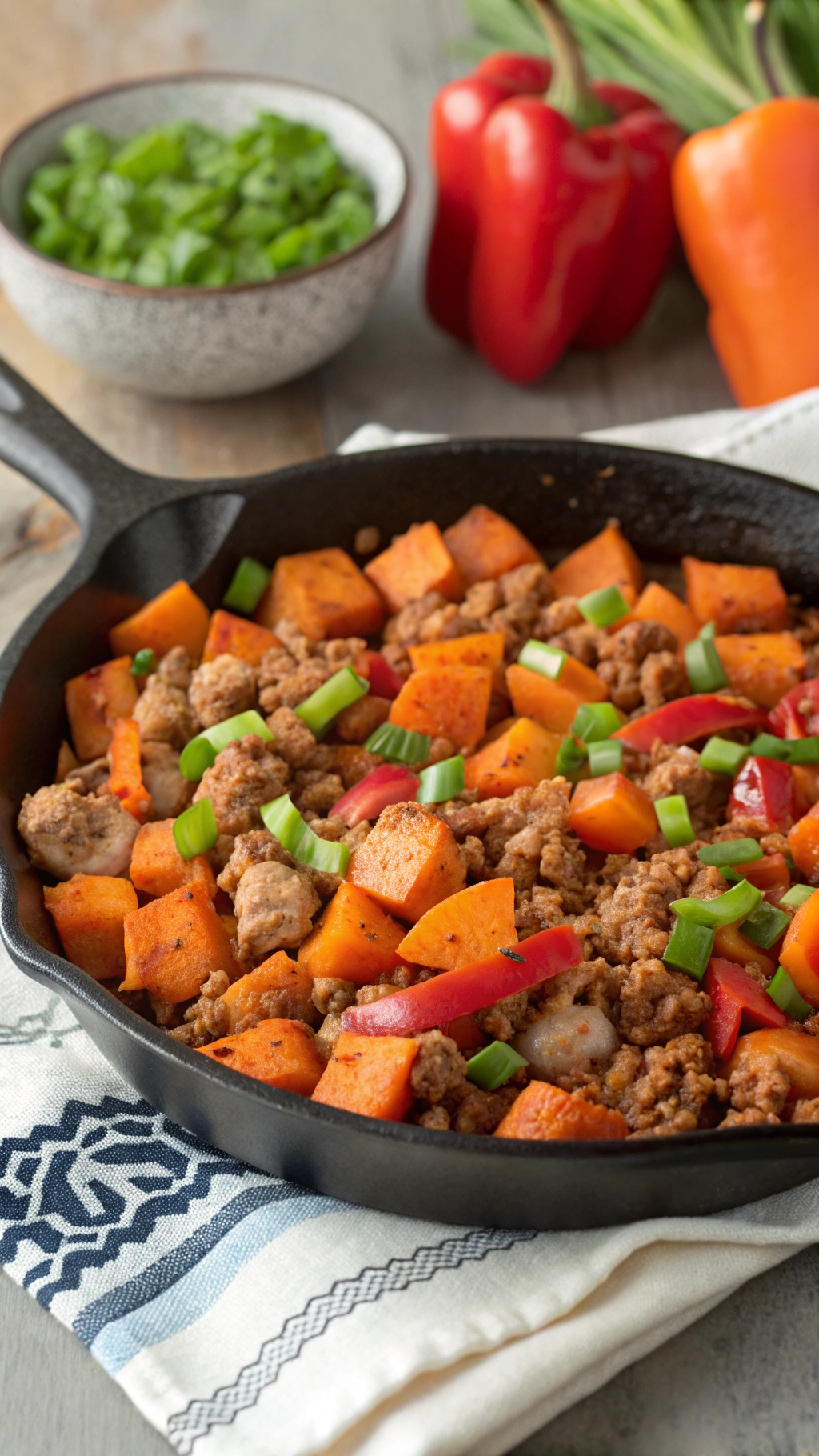 A skillet filled with turkey, sweet potatoes, and colorful bell peppers, garnished with green onions.