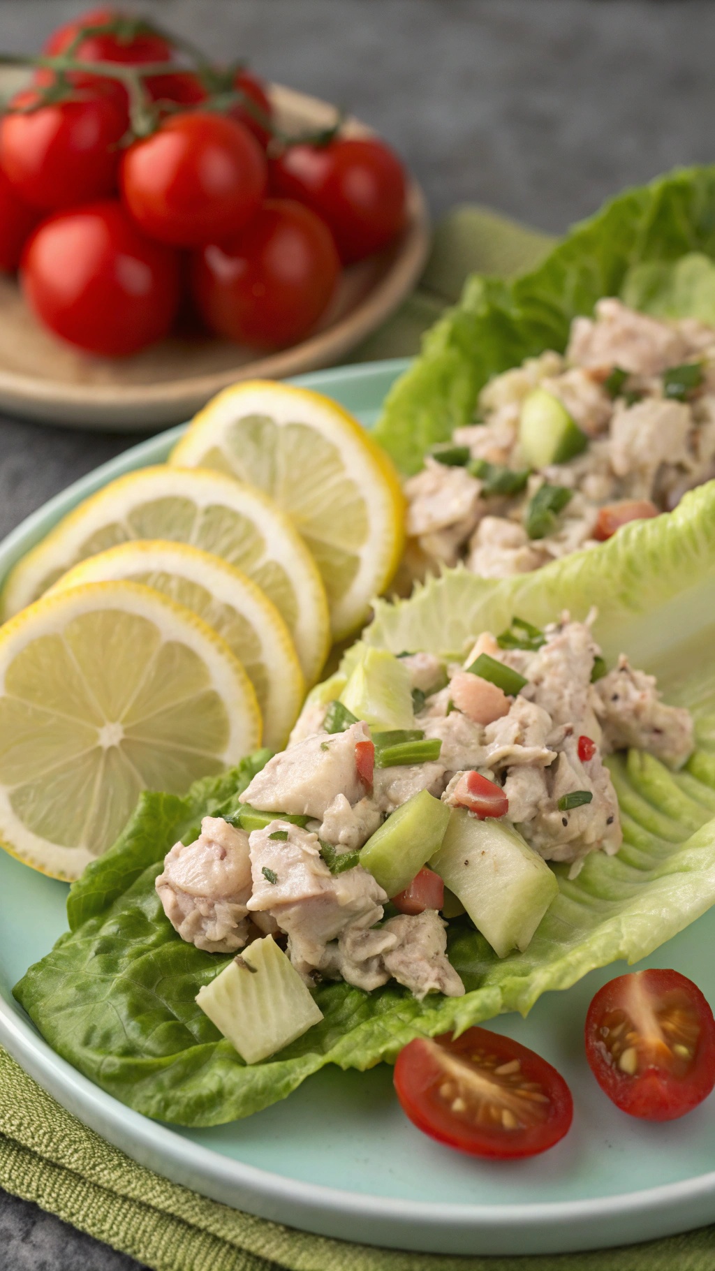 Tuna salad lettuce wraps with lemon slices and cherry tomatoes