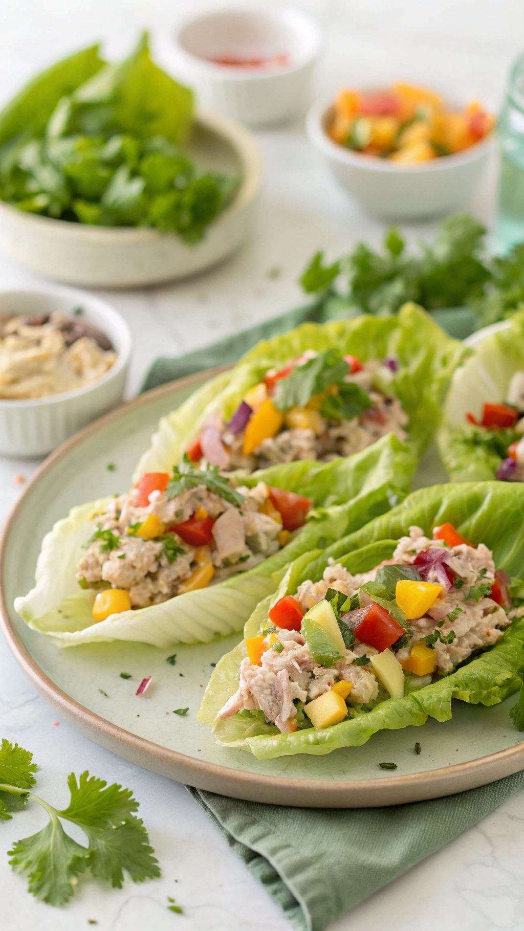 Tuna salad lettuce wraps with colorful vegetables and fresh herbs.