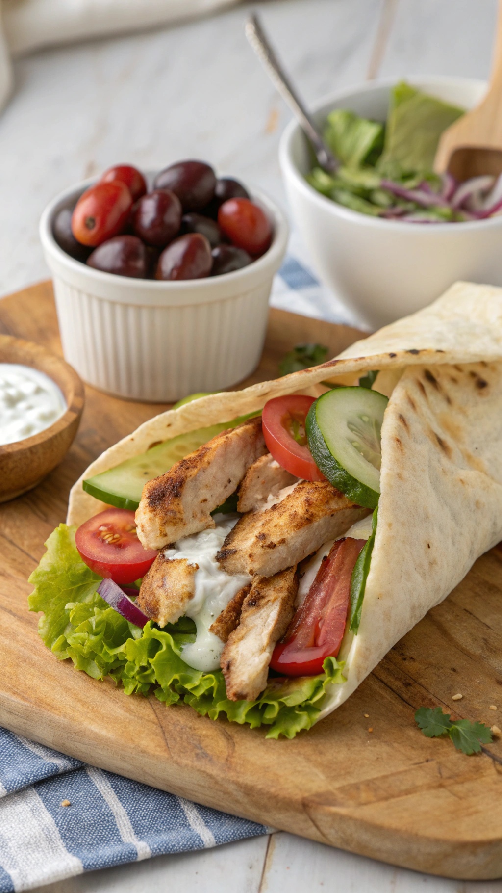 Greek chicken wrap filled with grilled chicken, lettuce, tomatoes, cucumbers, and tzatziki sauce on a wooden board.