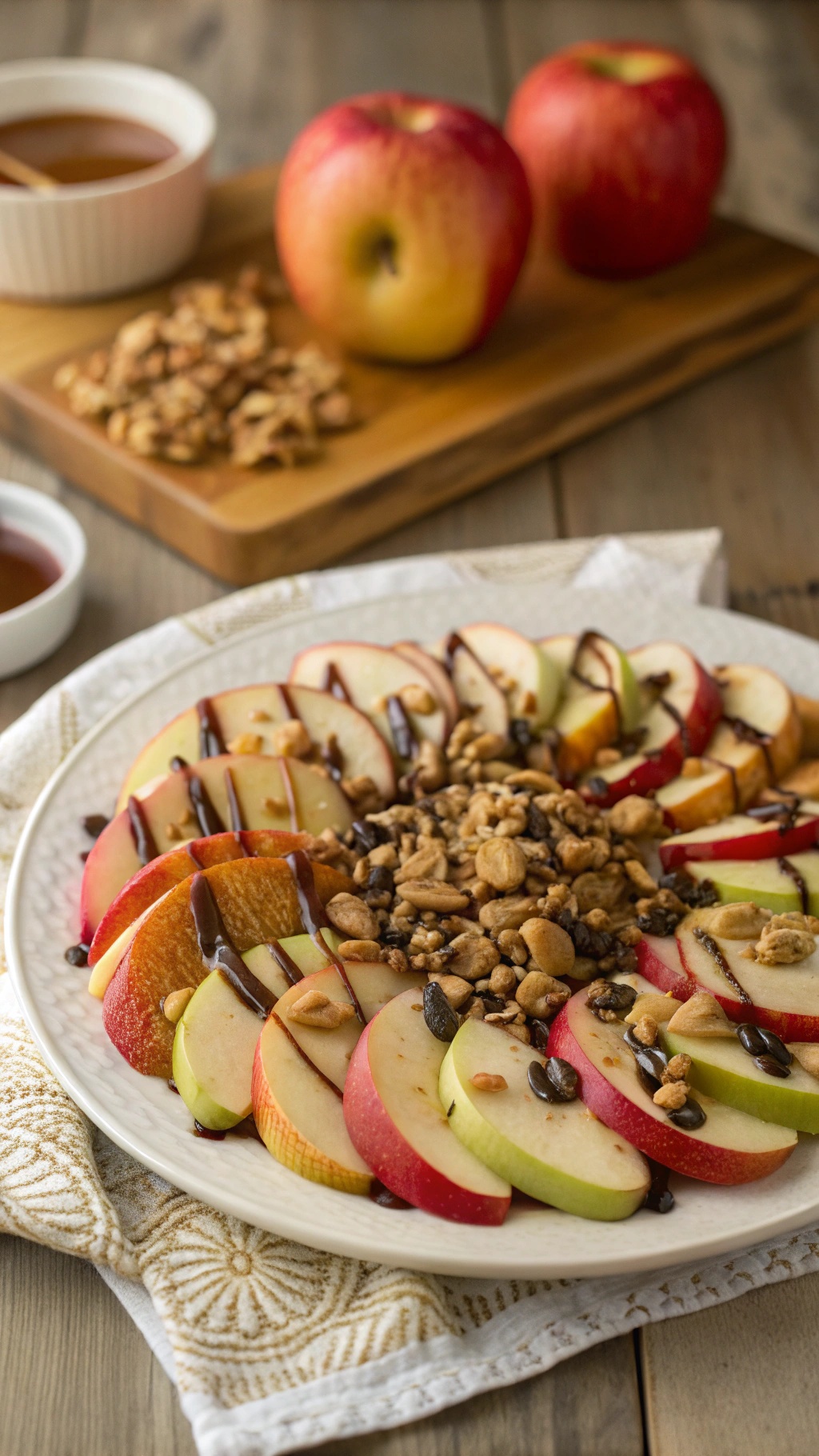 A plate of apple nachos topped with chocolate drizzle, granola, and nuts, with whole apples in the background.