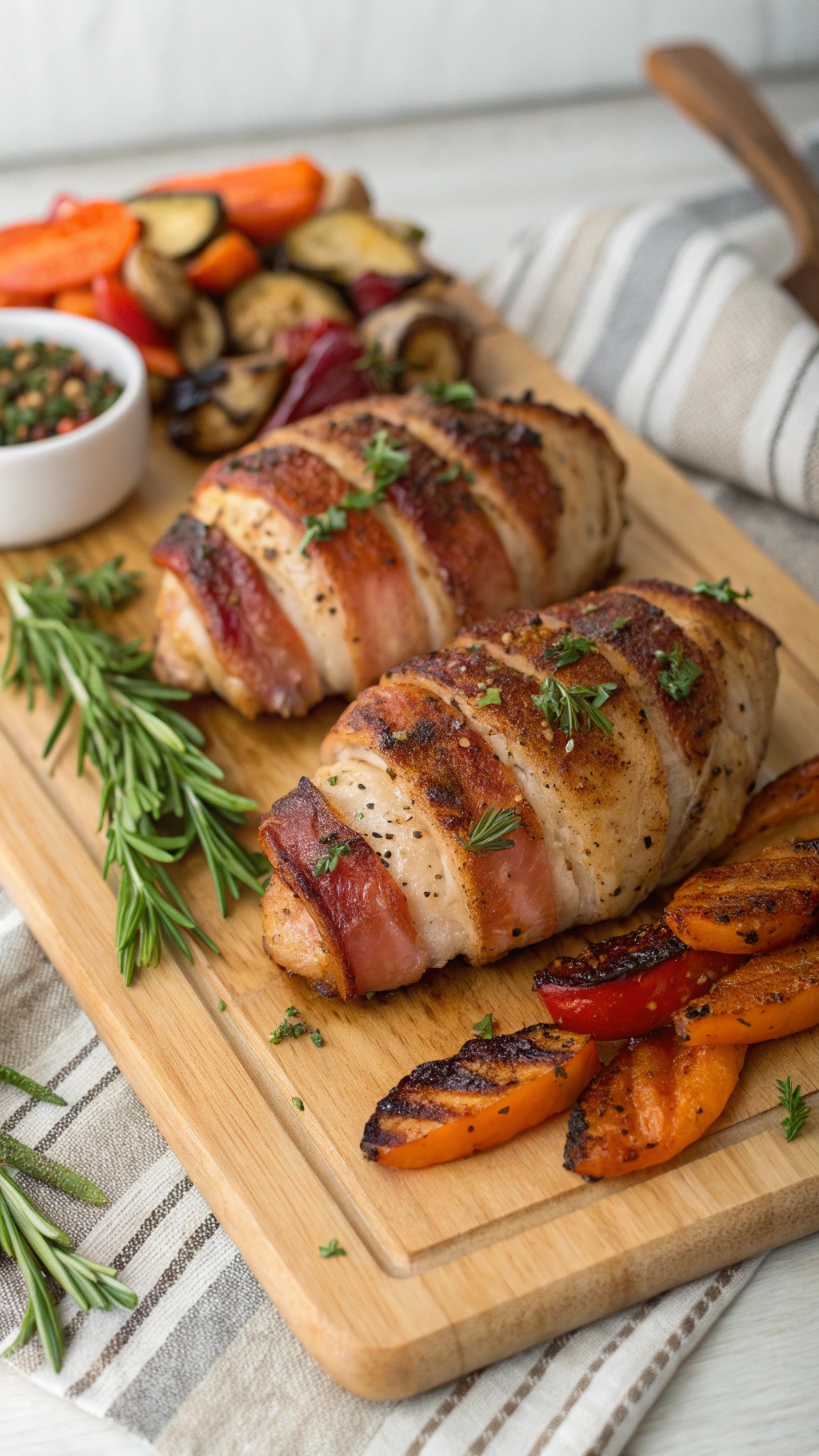 Bacon-wrapped chicken served with roasted vegetables on a wooden platter.