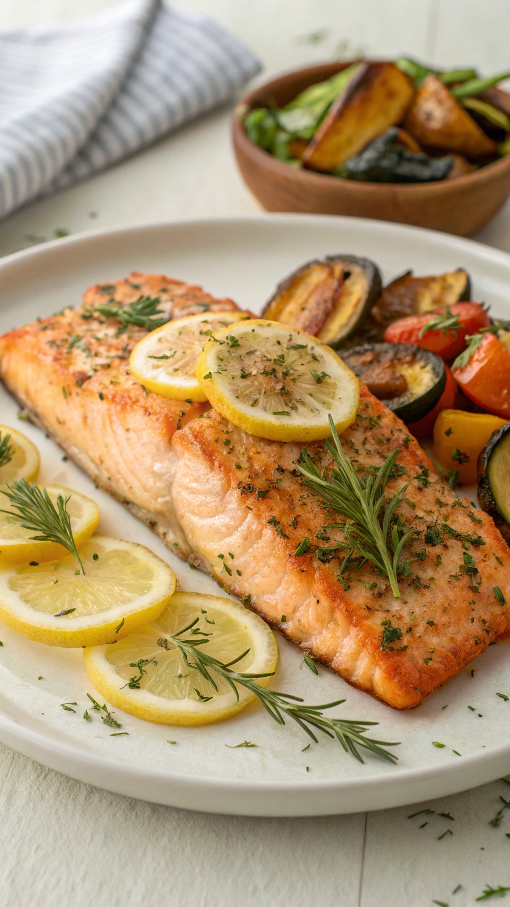 Baked salmon fillet with garlic and herbs, garnished with lemon slices and served with roasted vegetables.