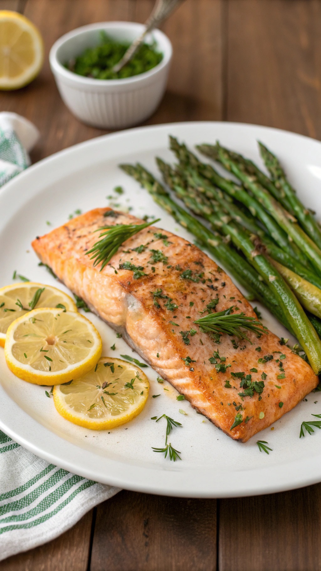 Baked salmon fillet with herbs, lemon slices, and asparagus on a white plate