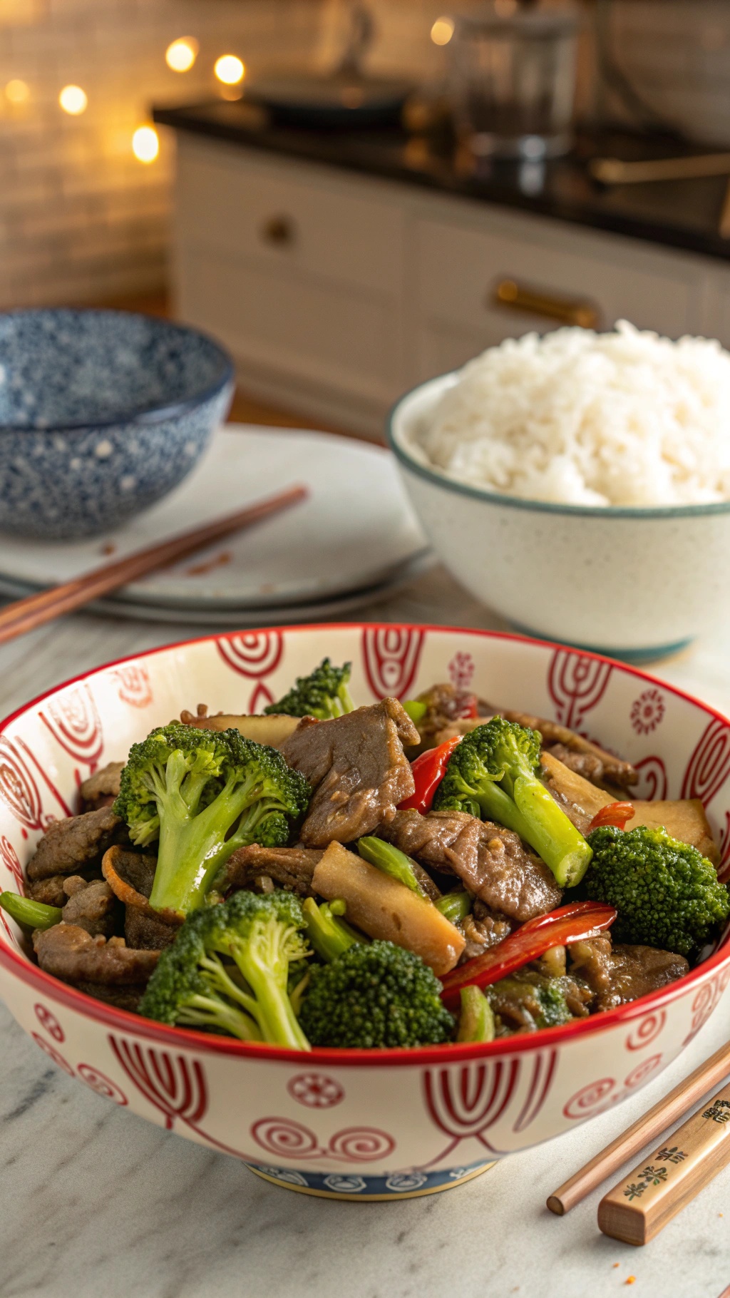 A bowl of beef and broccoli stir-fry with rice and chopsticks