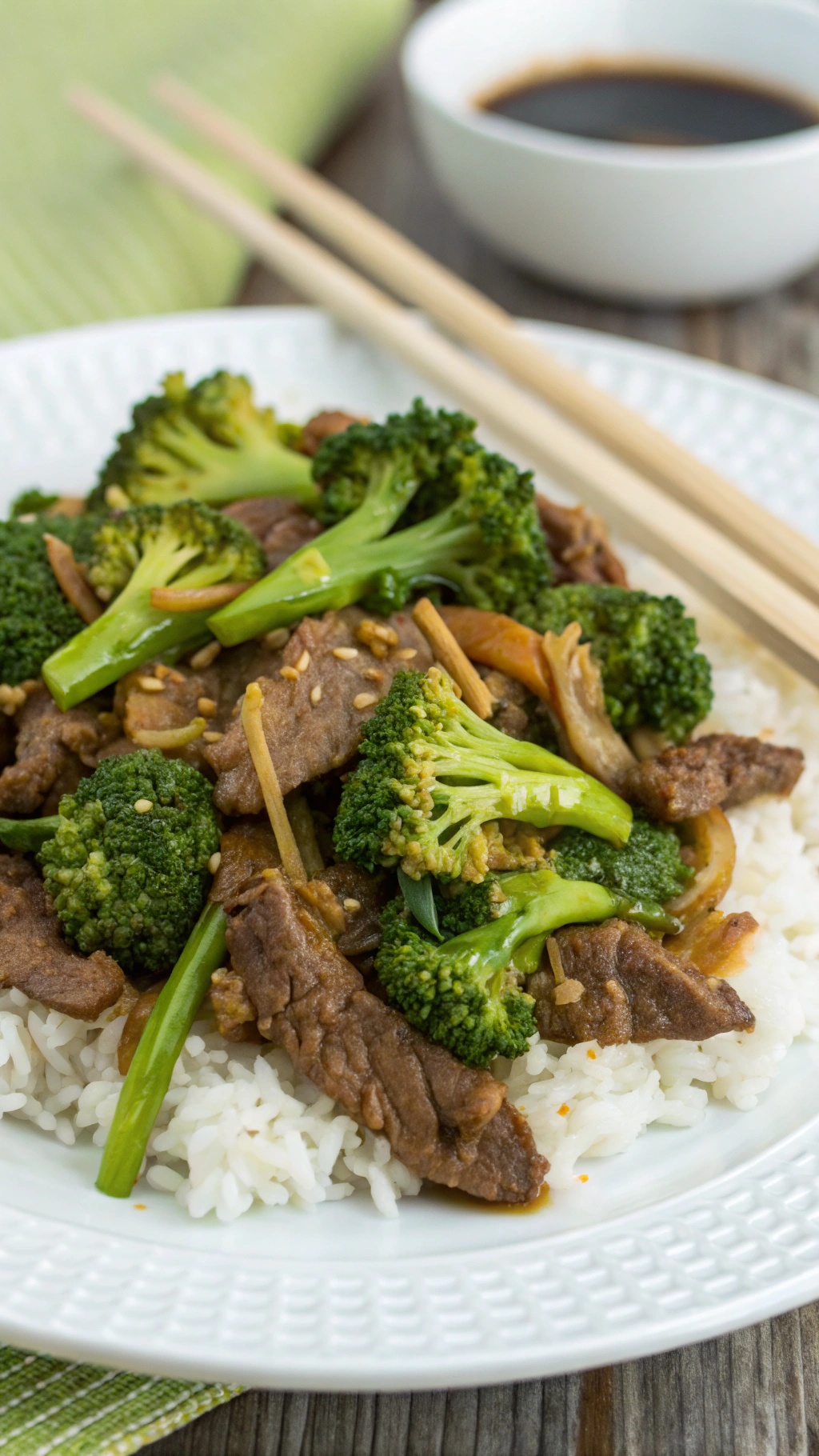 Beef and broccoli stir-fry served over rice with chopsticks